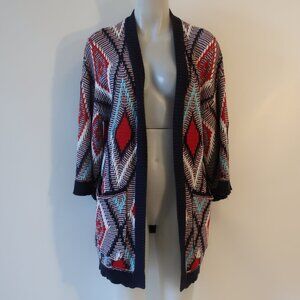 Womens Cecilie Copenhagen Navy Blue, Red, White Knit Open Cardigan Sweater M